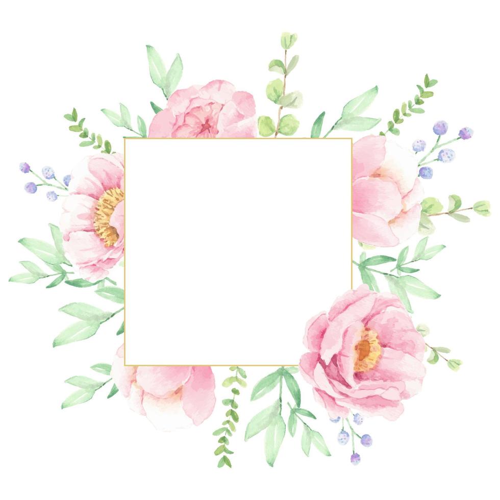 aquarell rosa pfingstrose blumenstrauß anordnung kranzrahmen mit goldenem kreisrahmen für logo oder banner vektor