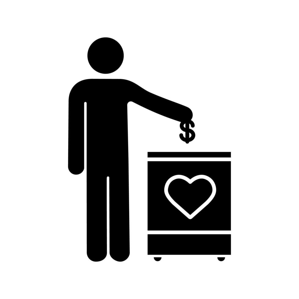 Spendenbox-Glyphen-Symbol. Silhouettensymbol. Sparbüchse. Spendensammlung. Geld für wohltätige Zwecke spenden. person, die eine dollarmünze in die spendenbox wirft. negativer Raum. vektor isolierte illustration