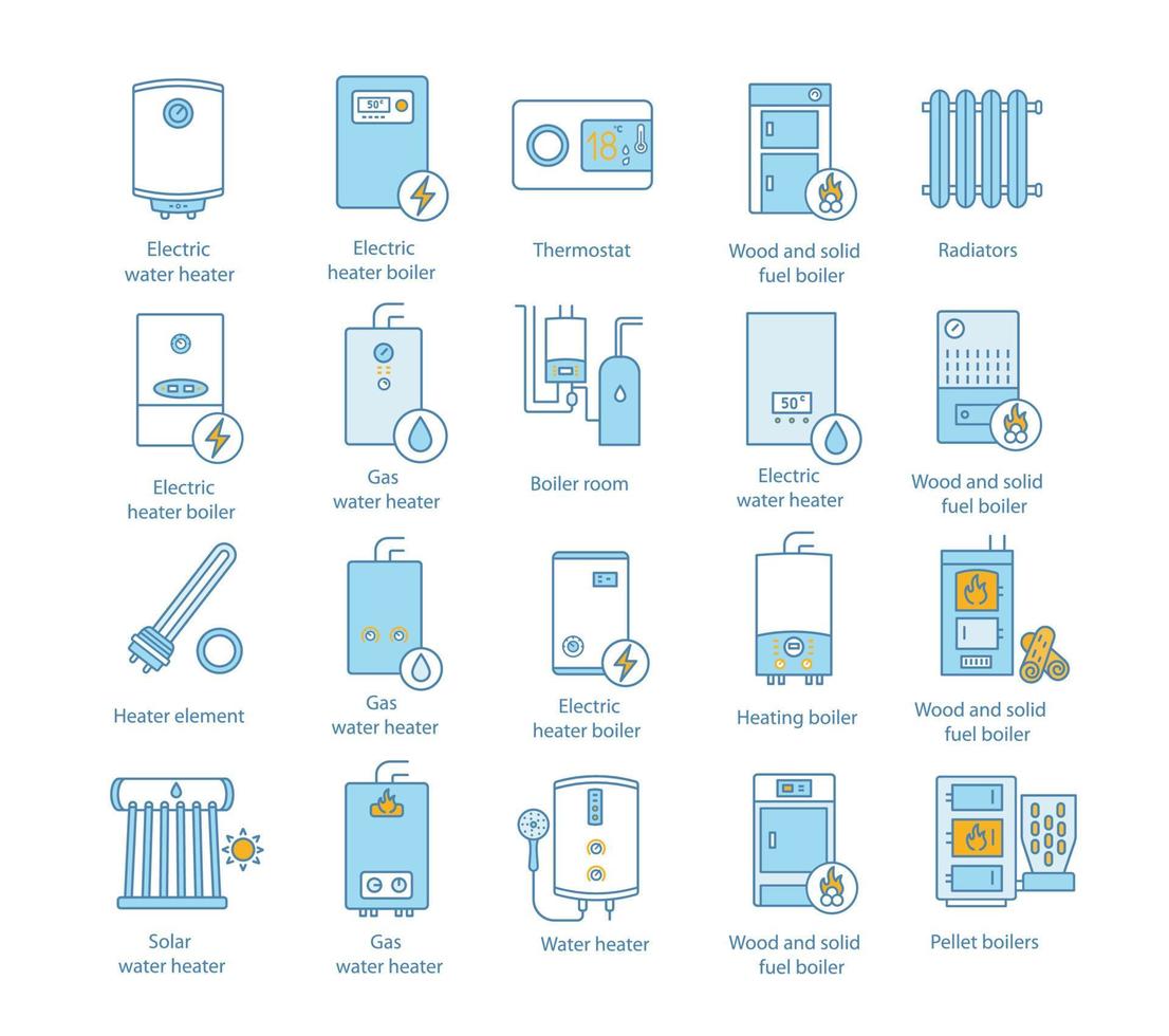 uppvärmning färg ikoner set. pannor, radiatorer, termostat. gas, el, fast bränsle, pellets, solpannor. kommersiella, industriella och inhemska centralvärmesystem. isolerade vektorillustrationer vektor