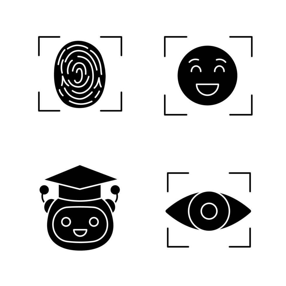 Glyphensymbole für maschinelles Lernen festgelegt. Fingerabdruckerkennung, Emotionserkennung, Lehrer-Bot, Retina-Scan. Silhouettensymbole. vektor isolierte illustration