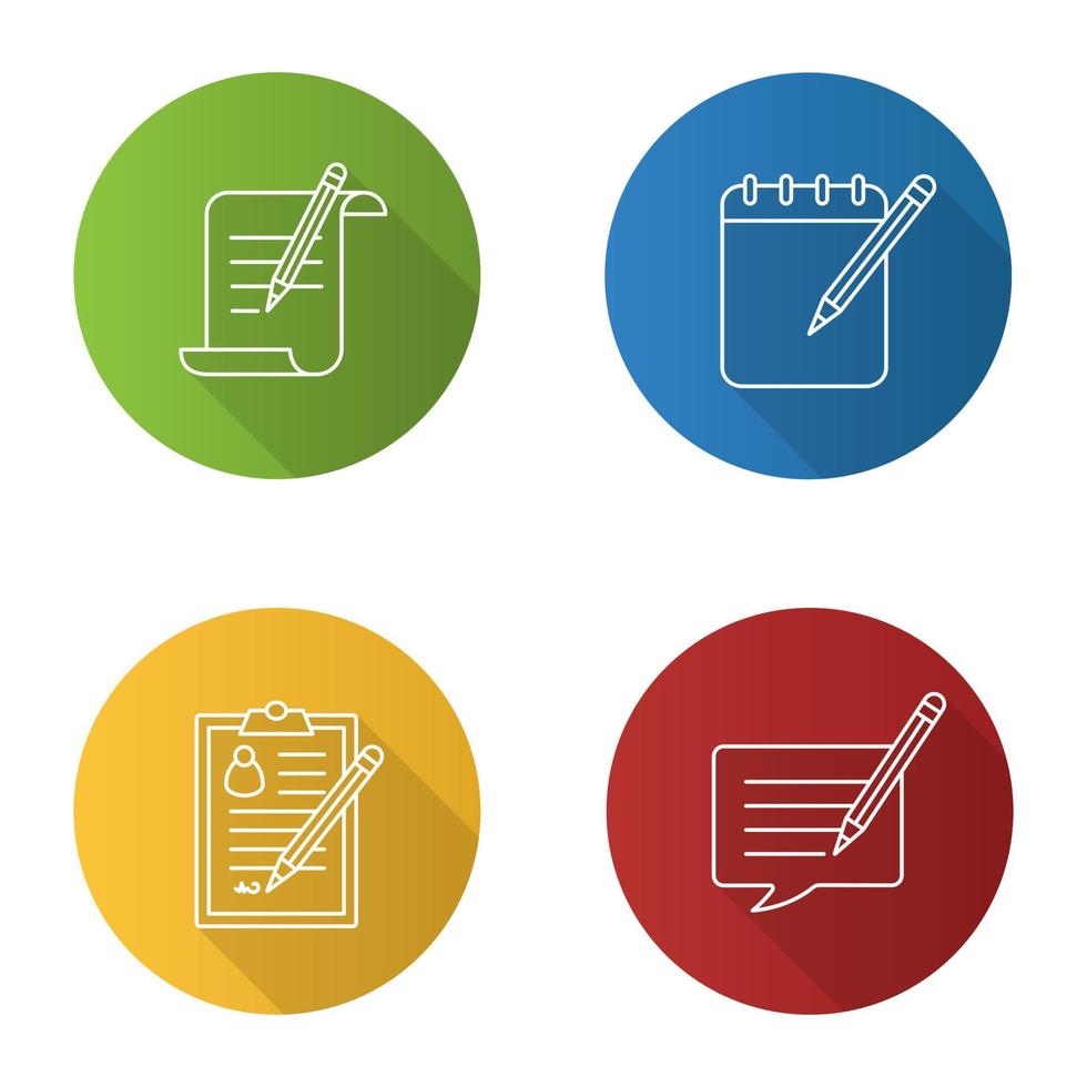 Schreiben mit flachen linearen langen Schattenikonen des Bleistifts eingestellt. Papierrolle, Notizblock, signiertes Dokument, Nachricht schreiben. Vektor-Umriss-Illustration vektor