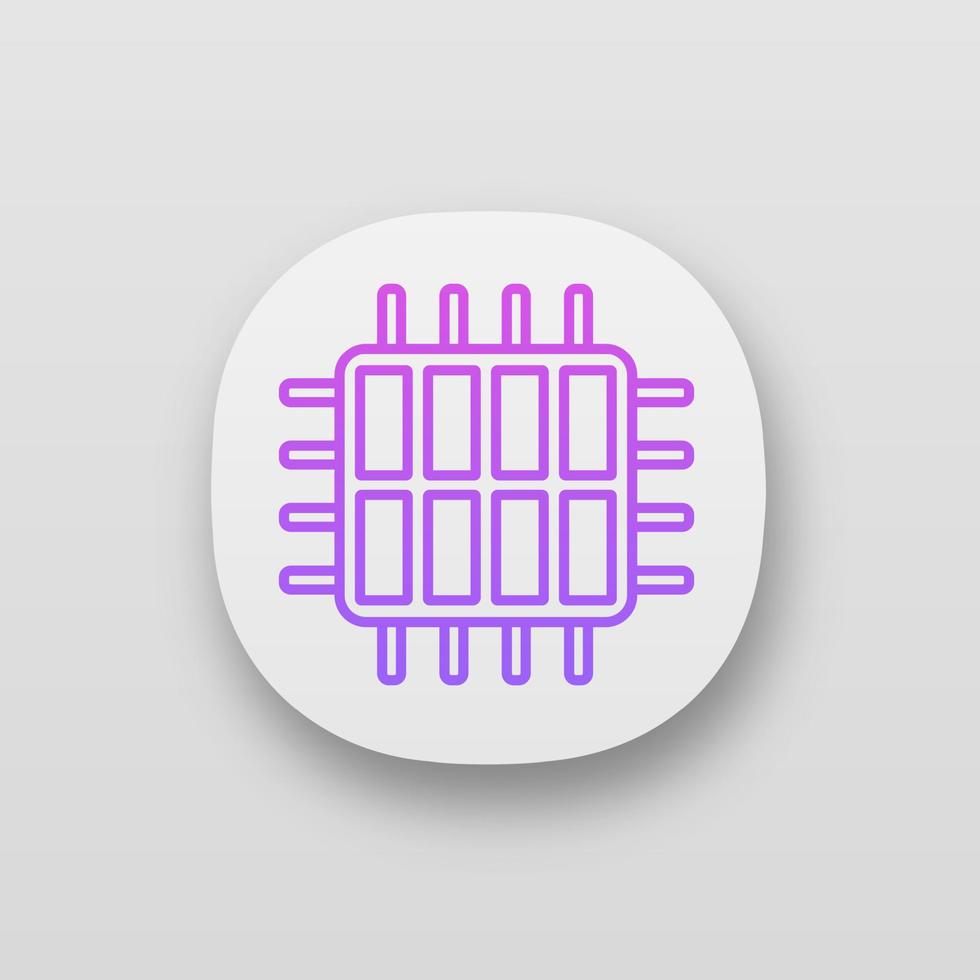 Octa-Core-Prozessor-App-Symbol. Mikroprozessor mit acht Kernen. Mikrochip, Chipsatz. Zentralprozessor. Zentraleinheit. Mehrkernprozessor. Integrierter Schaltkreis. ui ux-benutzeroberfläche. vektor isolierte illustration