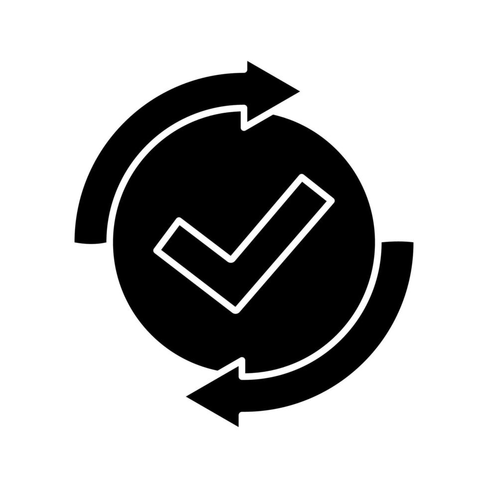 kontrollprocess glyfikon. kontrolleras framgångsrikt. godkänd. testning. siluett symbol. negativt utrymme. bock. bock med cirkelpilar. vektor isolerade illustration