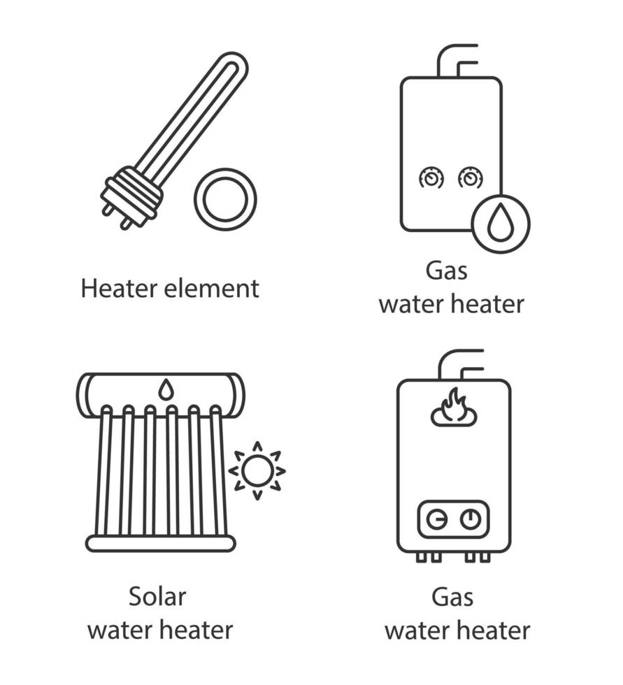 Heizung lineare Symbole gesetzt. Elektro- und Gaswarmwasserbereiter, Heizkessel, Brauchwassererhitzer. dünne Linienkontursymbole. isolierte vektorumrissillustrationen. editierbarer Strich vektor