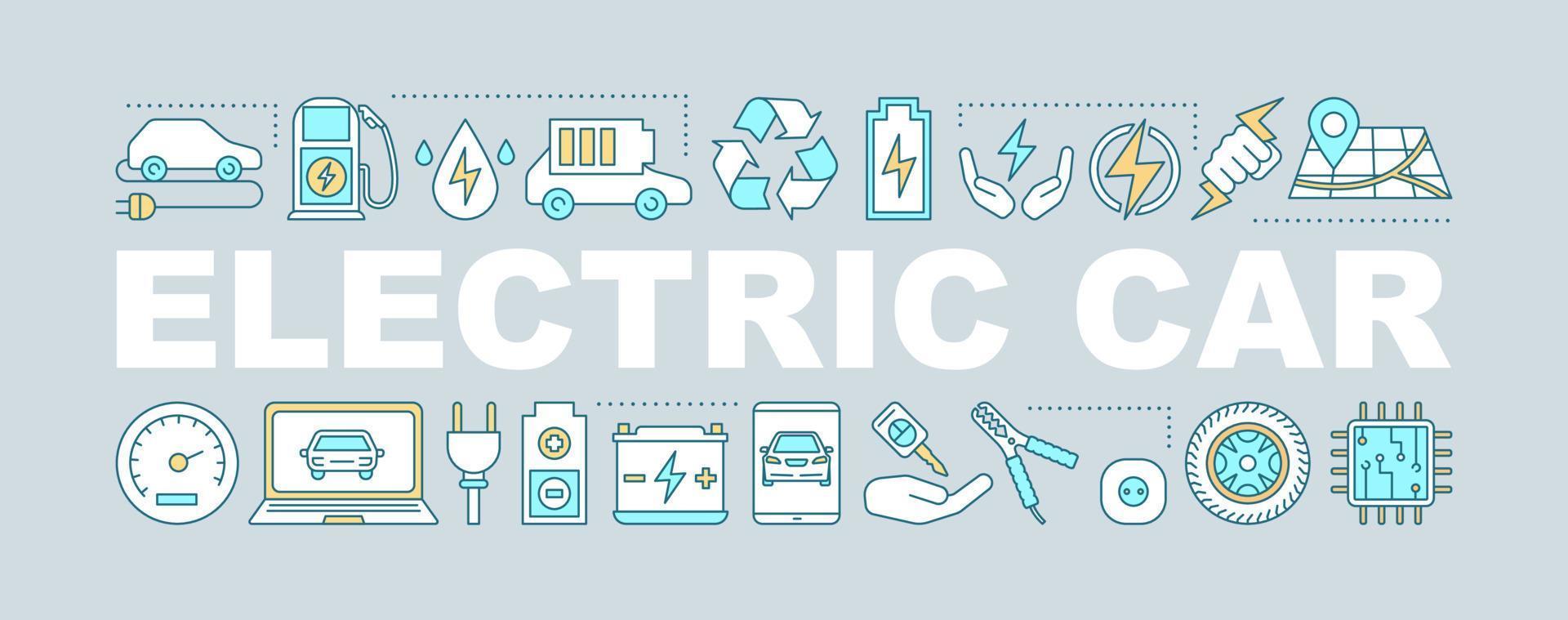 Banner für Elektroauto-Wortkonzepte. grünes Fahrzeug. isolierte beschriftungstypografieidee mit linearen symbolen. Werkstatt für Elektroautos. Vektor-Umriss-Illustration vektor