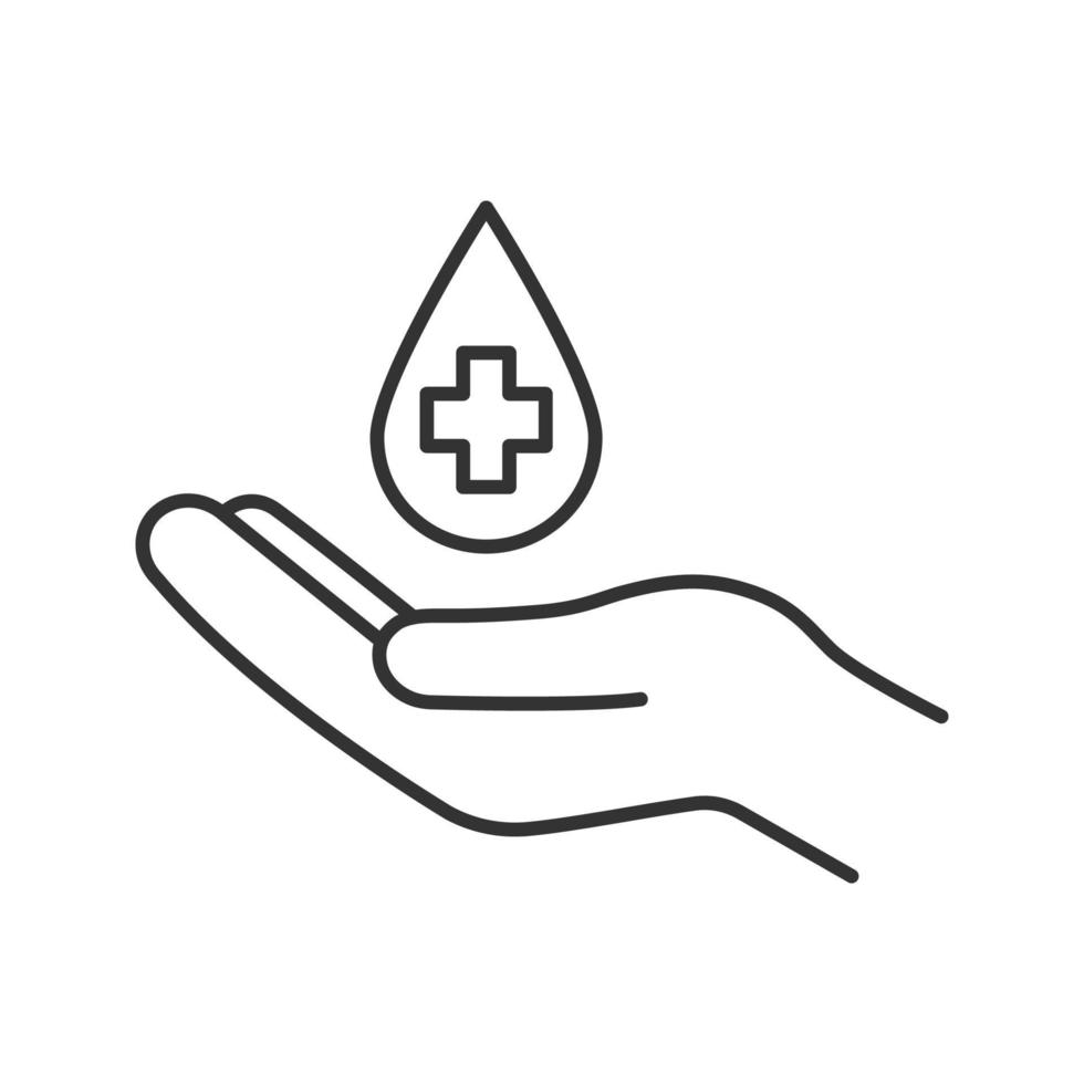 blodgivning linjär ikon. tunn linje illustration. hand som håller vätska droppe med medicinsk kors. kontur symbol. vektor isolerade konturritning