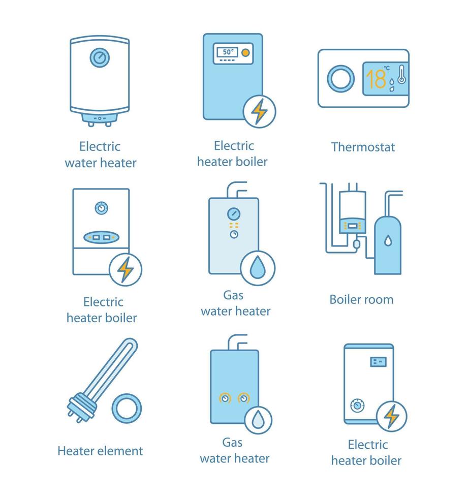 Heizfarbsymbole gesetzt. Boiler, Heizungen, Thermostat, Heizraum. Gas- und Elektro-Warmwasserbereiter. gewerbliche, industrielle und private Zentralheizungssysteme. isolierte Vektorgrafiken vektor