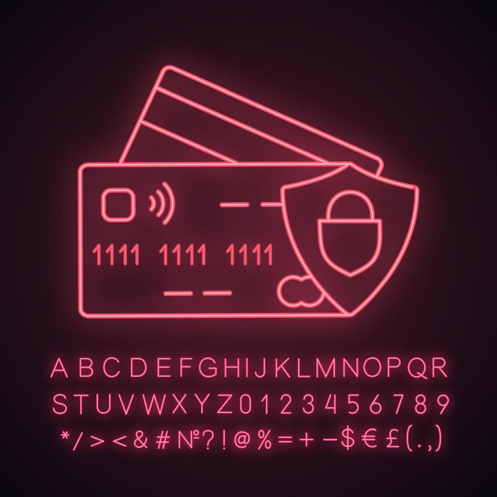 Symbol für Neonlicht der NFC-Kreditkarte. bargeldlose Zahlung. E-Zahlung. leuchtendes zeichen mit alphabet, zahlen und symbolen. vektor isolierte illustration