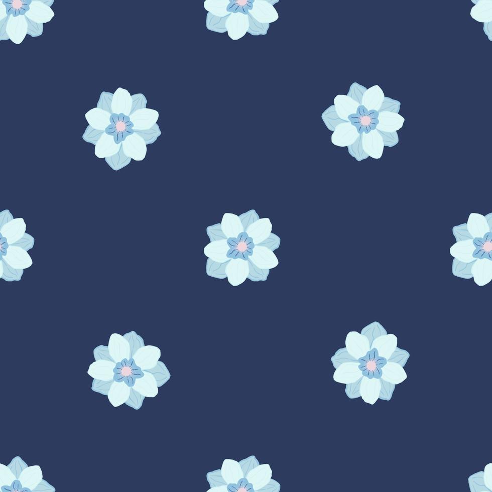 Nahtloses Muster im minimalistischen Stil mit hellblauem Anemonenknospen-Blumendruck. dunkler Marinehintergrund. vektor