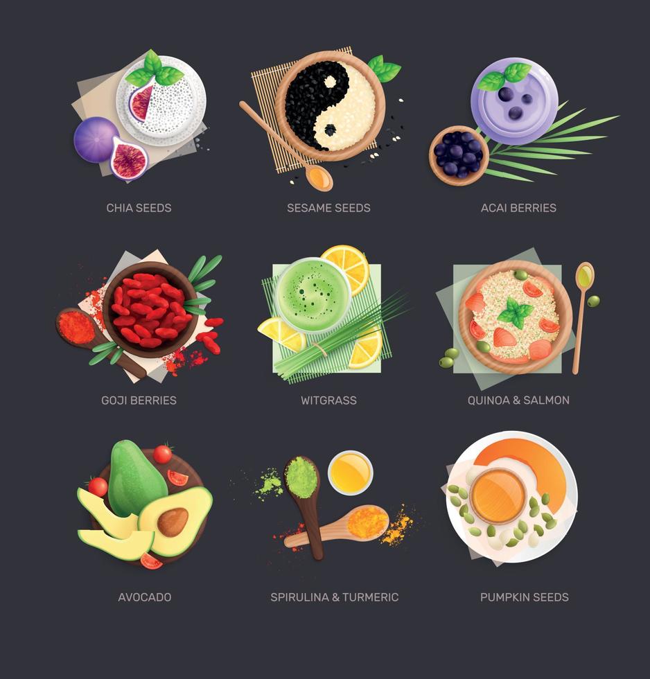 flache Sammlung von Superfood-Gerichten vektor
