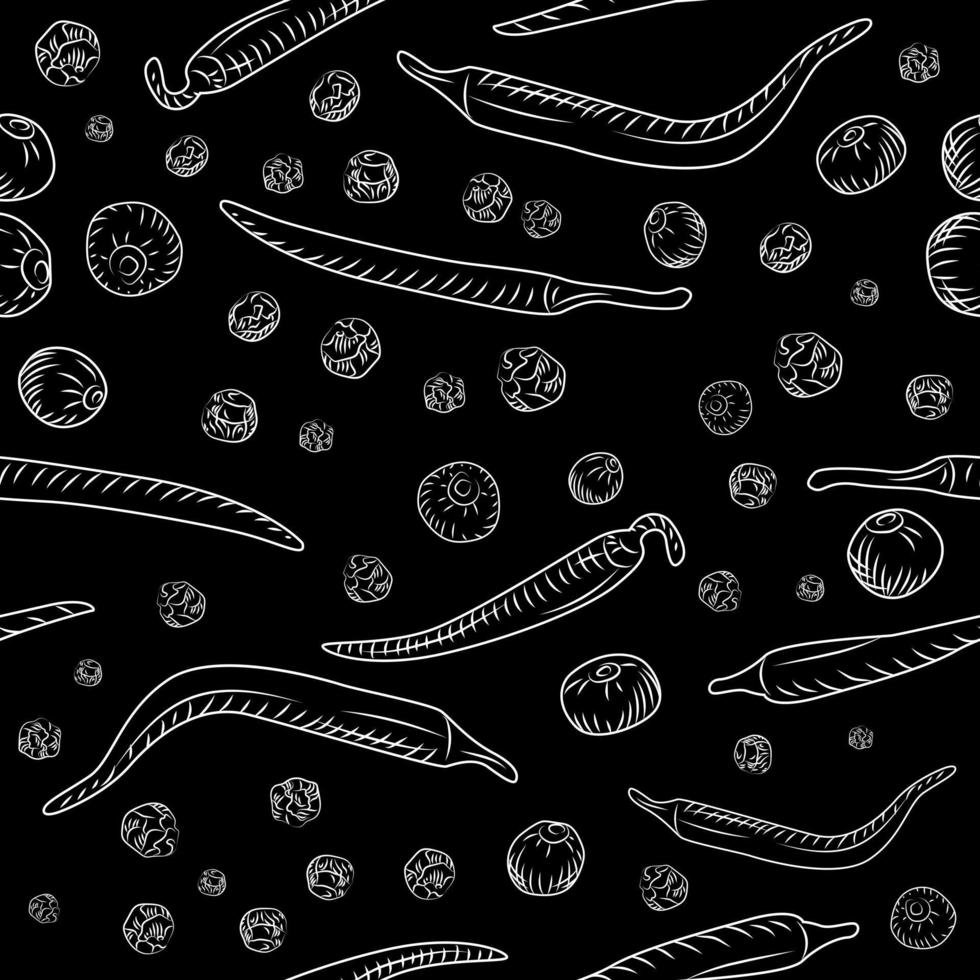 chilipeppar och svartpeppar seamless mönster på svarta tavlan. vektor