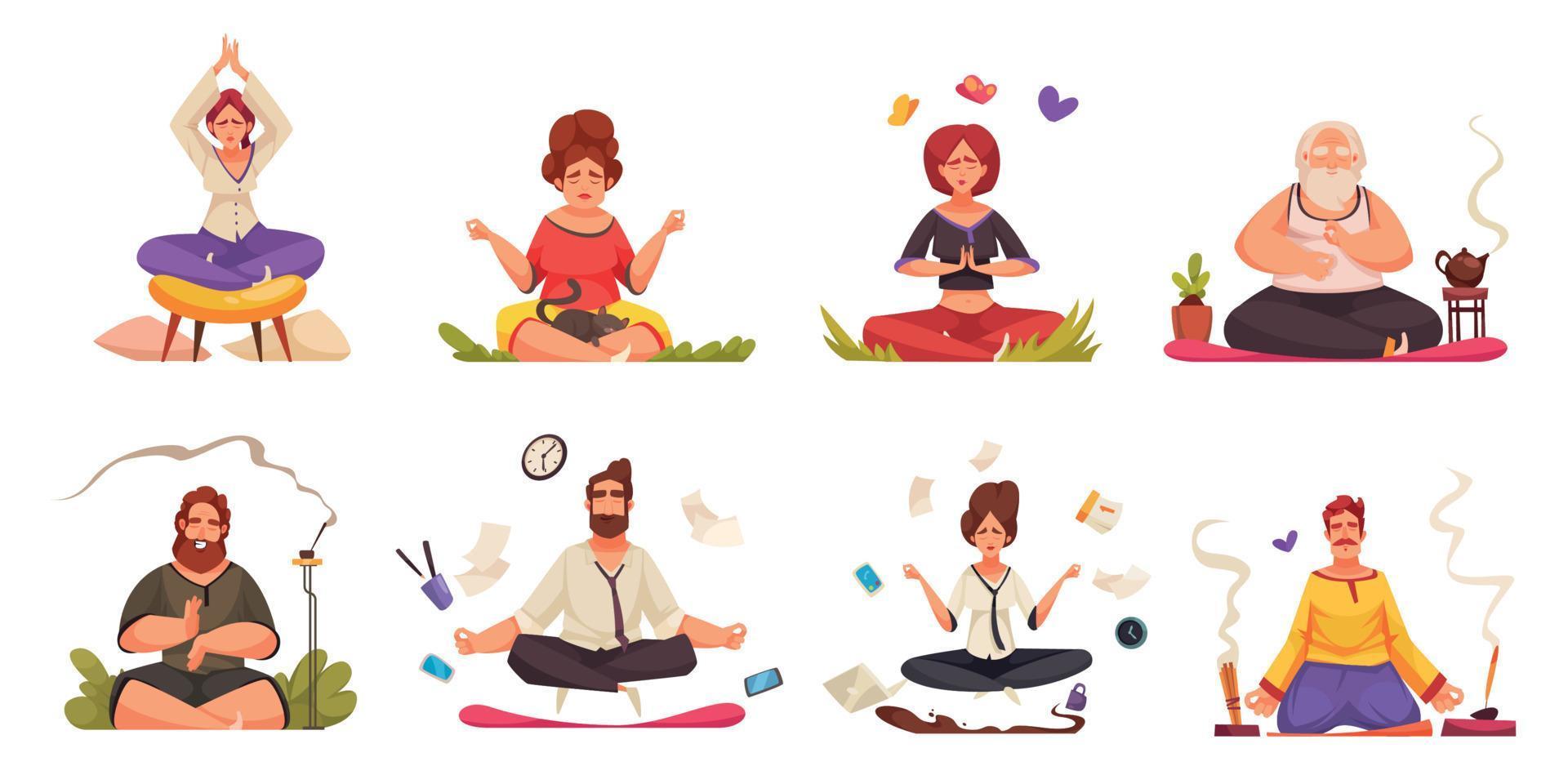 meditation yoga tecknade kompositioner vektor