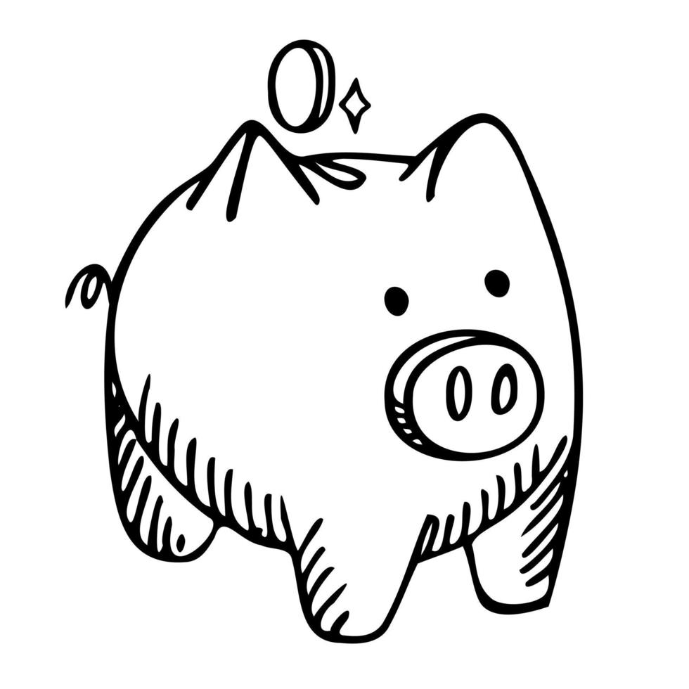 Sparschwein isoliert auf weißem Hintergrund. Box für sichere Ersparnisse, Münzen, Bargeld, Gold. Geldschwein im Doodle-Stil. vektor