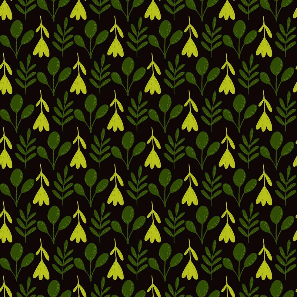 hellgrüne Zweige und Blätter abstraktes einfaches nahtloses Muster. schwarzer Hintergrund. vektor