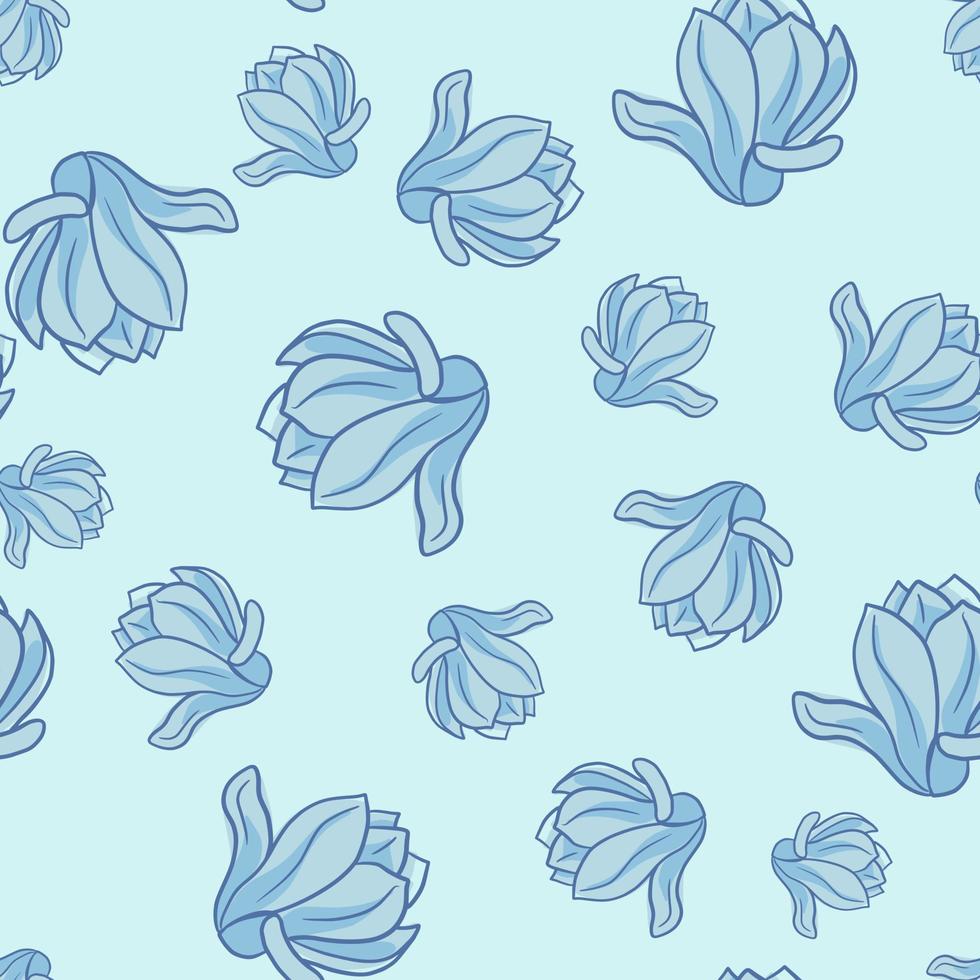 dekoratives nahtloses muster mit zufälliger blauer magnolienblumenverzierung. Pastellhintergrund. vektor
