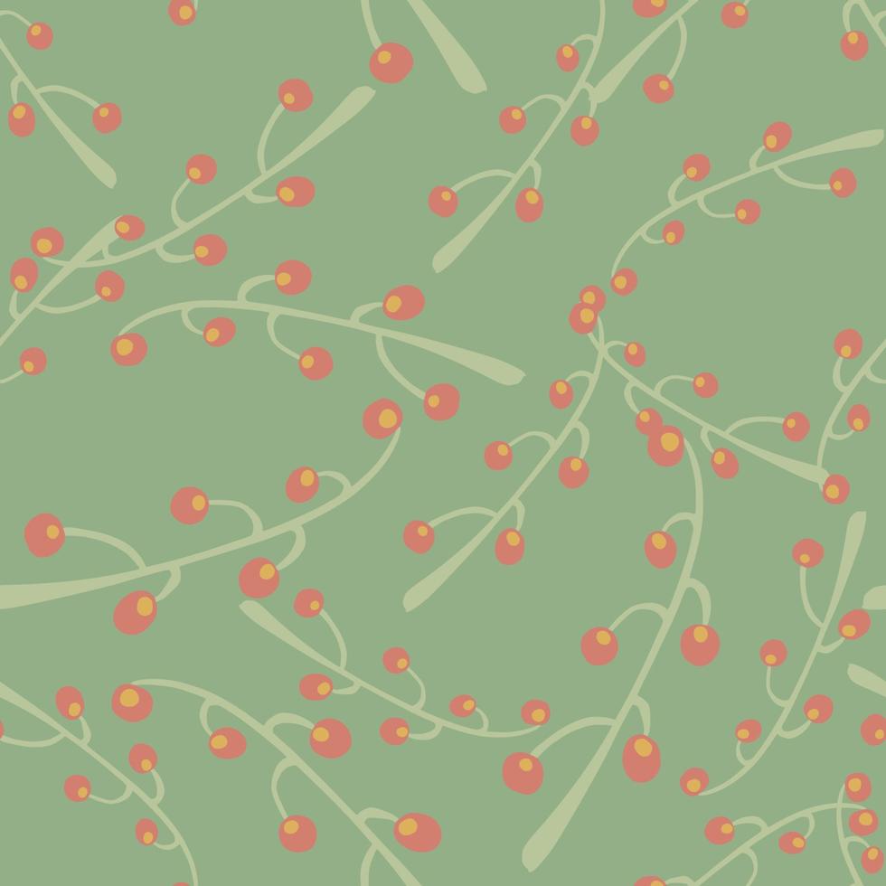 Nahtloses Zufallsmuster in blassen Tönen mit rosa Beeren mit Zweigen. hellgrüner Hintergrund. vektor