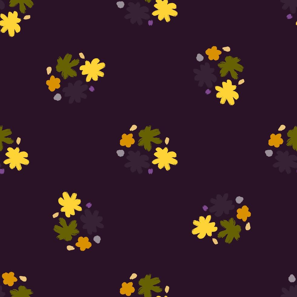 dunkle töne nahtloses muster mit botanischen kontrastgelben und grünen blütenknospen. lila Hintergrund. vektor