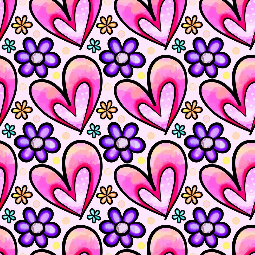 rosa lila Blumenherzen Aquarell Gänseblümchenmuster vektor