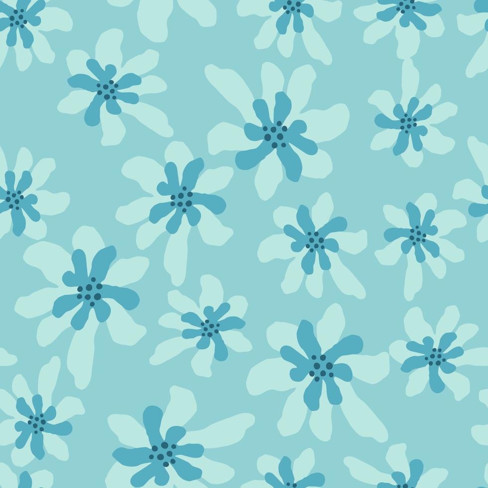 slumpmässiga sömlösa mönster med blå färgade blomsilhuetter i enkel handritad stil. vektor