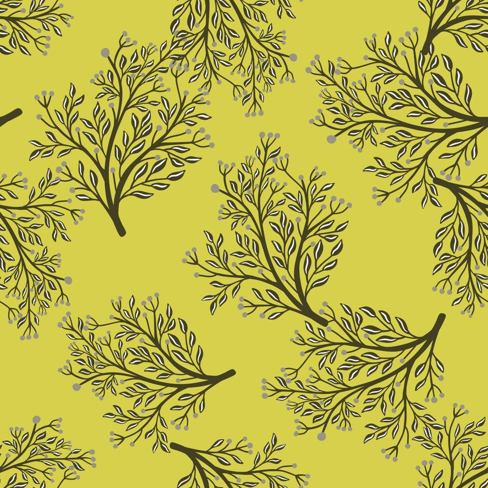 nahtloses muster der natur mit zufälligen waldbaumformen. gelber Hintergrund. dekorative Blumenverzierung. vektor