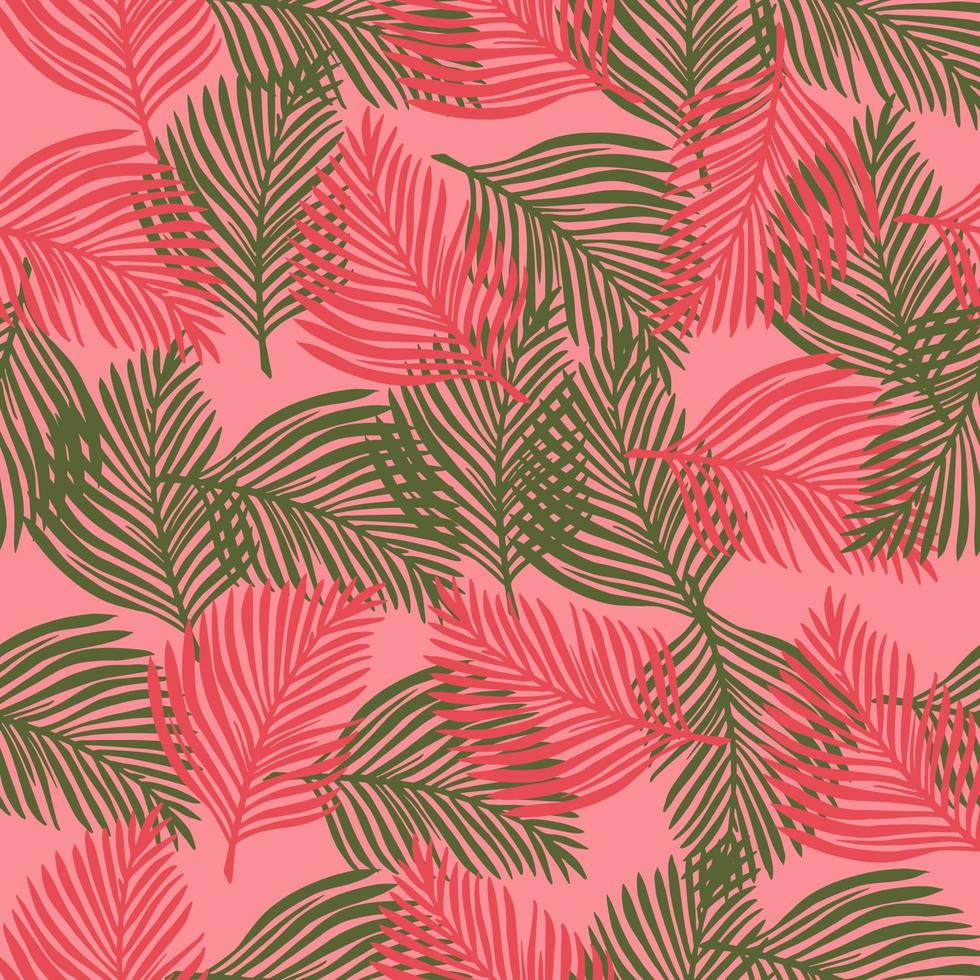 Palmfarnblätter formen nahtloses Muster im Doodle-Stil. rosa Pastellhintergrund. zufälliger Blattdruck. vektor