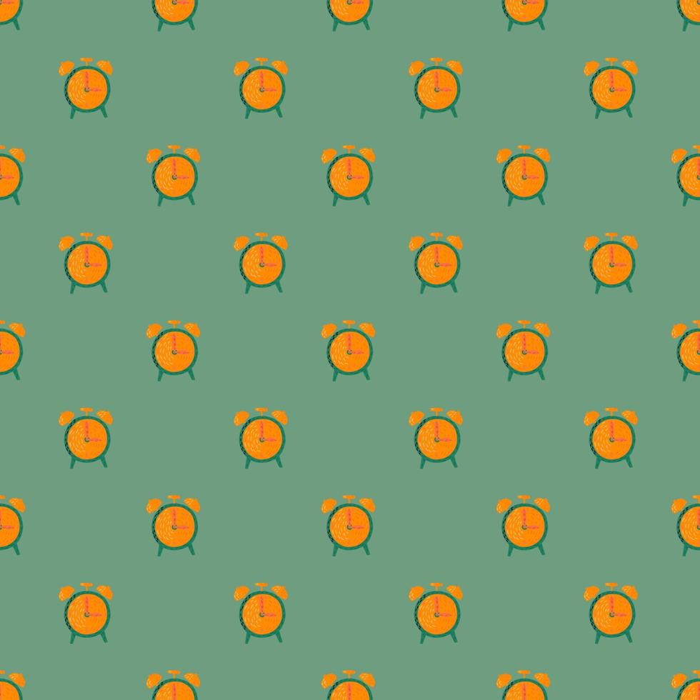 kontrast sömlösa mönster med ljust orange väckarklocka prydnad. turkos bakgrund. dekorativt tryck. vektor