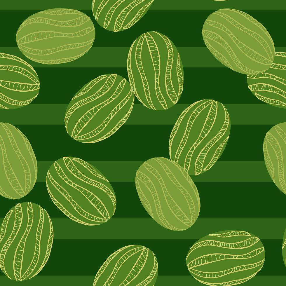 Zufälliges nahtloses Vitaminmuster mit handgezeichneten Wassermelonenelementen. grün gestreifter Hintergrund. vektor