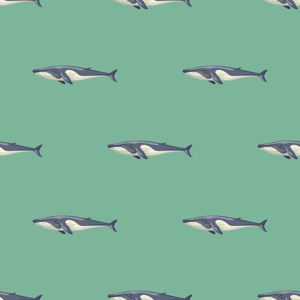 Nahtloses Muster Finnwal auf grünem Hintergrund. vorlage der zeichentrickfigur des ozeans für stoff. vektor