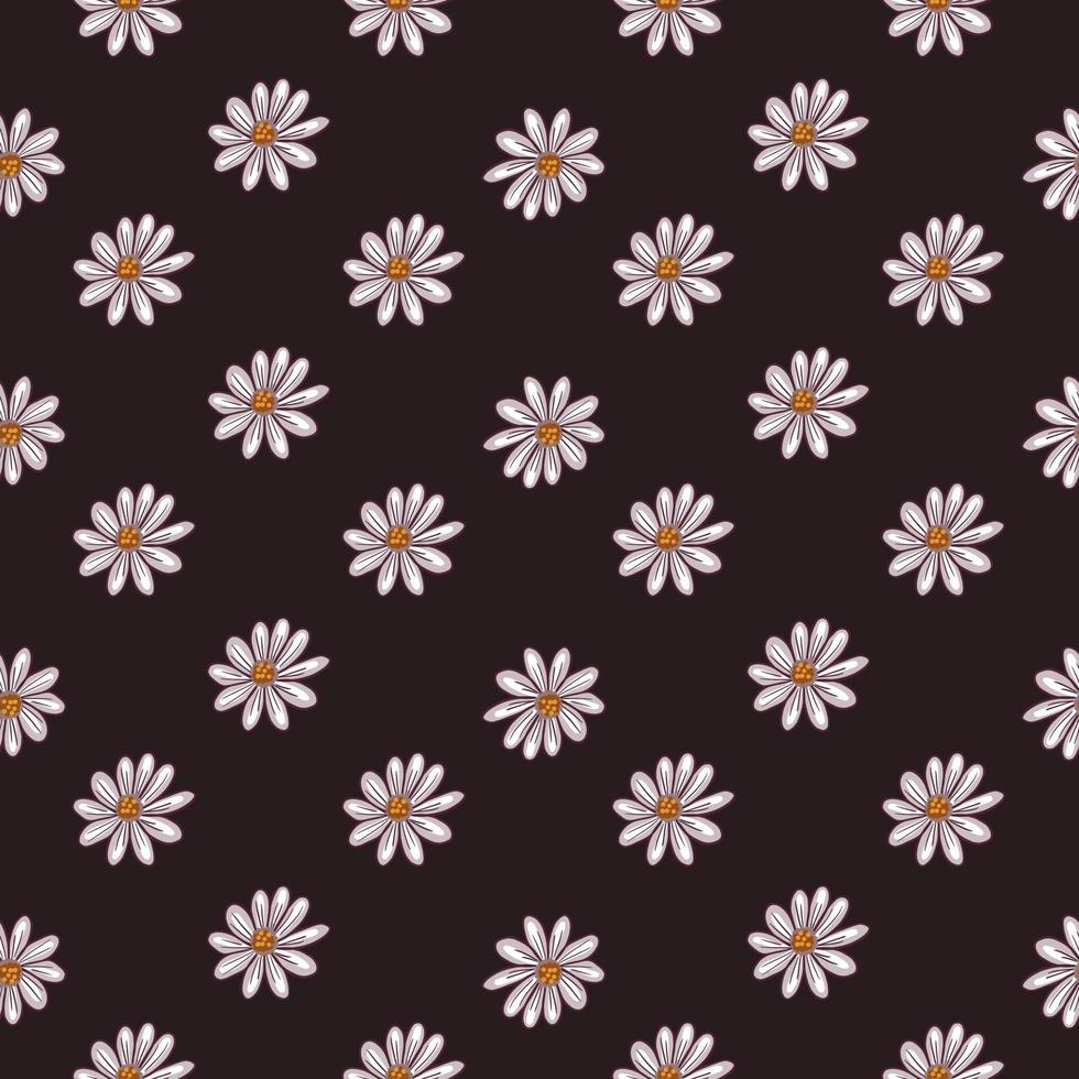 Ditsy nahtloses Muster mit kleinen Gänseblümchen-Blumen-Silhouetten drucken. dunkelbrauner Hintergrund. kontrastierende florale Kunstwerke. vektor