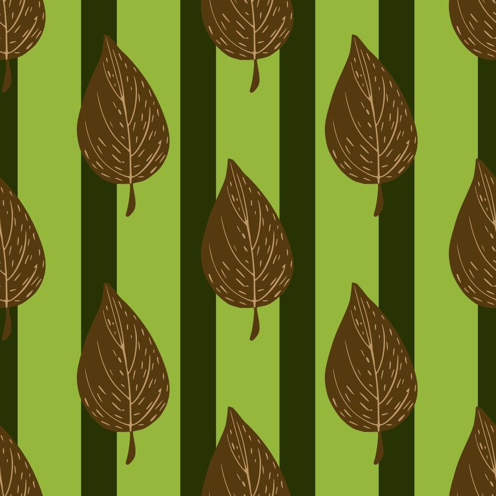 Herbstbraun lässt nahtloses Gekritzelmuster. gestreifter grüner Hintergrund. Herbstkulisse. vektor