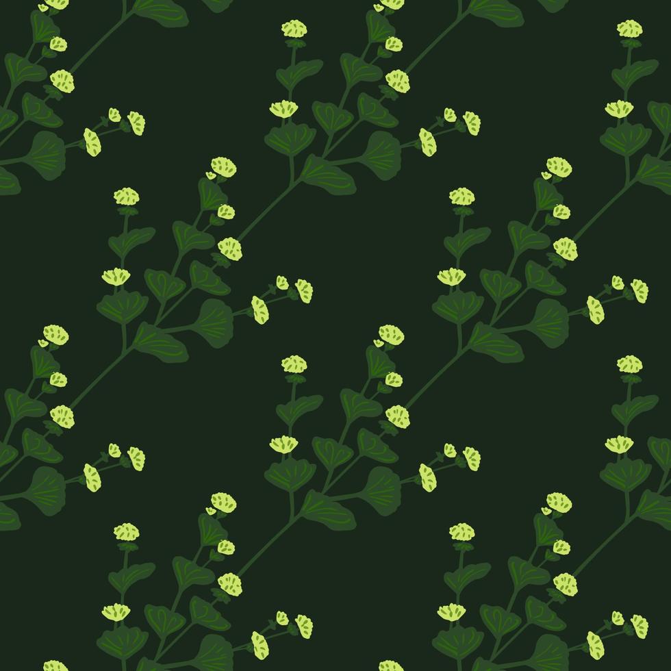 botanische natur dunkles nahtloses muster mit grüner wildblumenverzierung. brauner Hintergrund. vektor