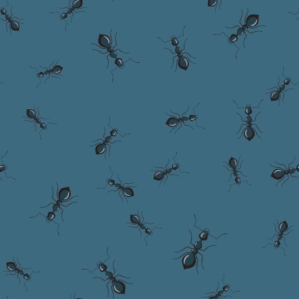 nahtlose Muster Kolonie Ameisen auf dunkelblauem Hintergrund. Vektor-Insekten-Vorlage im flachen Stil für jeden Zweck. moderne Tiertextur. vektor