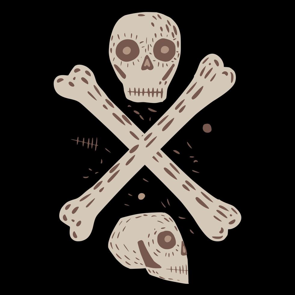 Zusammensetzung aus Totenköpfen und Knochen auf schwarzem Hintergrund. Piratenflaggenskizze handgezeichnet im Stil Doodle. vektor
