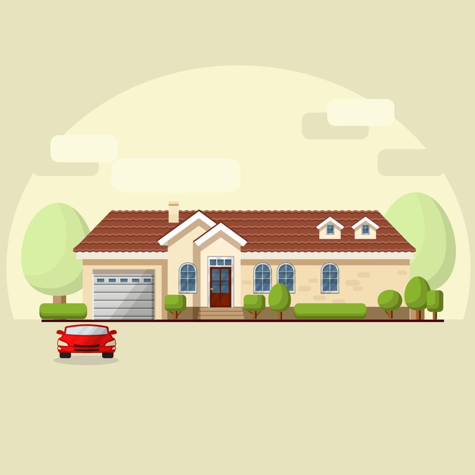 Hausfassade, Auto und Bäume. Vektor-Illustration von Immobilien. vektor