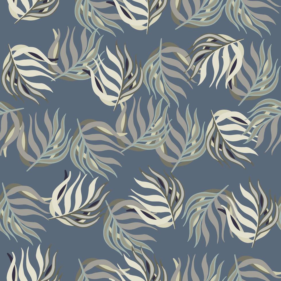 slumpmässigt exotiskt sömlöst doodle lövmönster med slumpmässigt tryck av tropiska blad. marinblå blek bakgrund. vektor