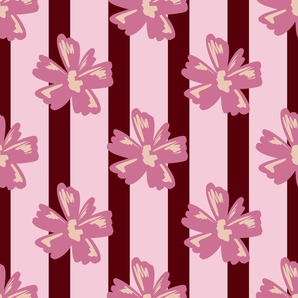 abstraktes botanisches nahtloses muster mit handgezeichneten rosafarbenen blumenelementen. Kastanienbrauner gestreifter Hintergrund. vektor