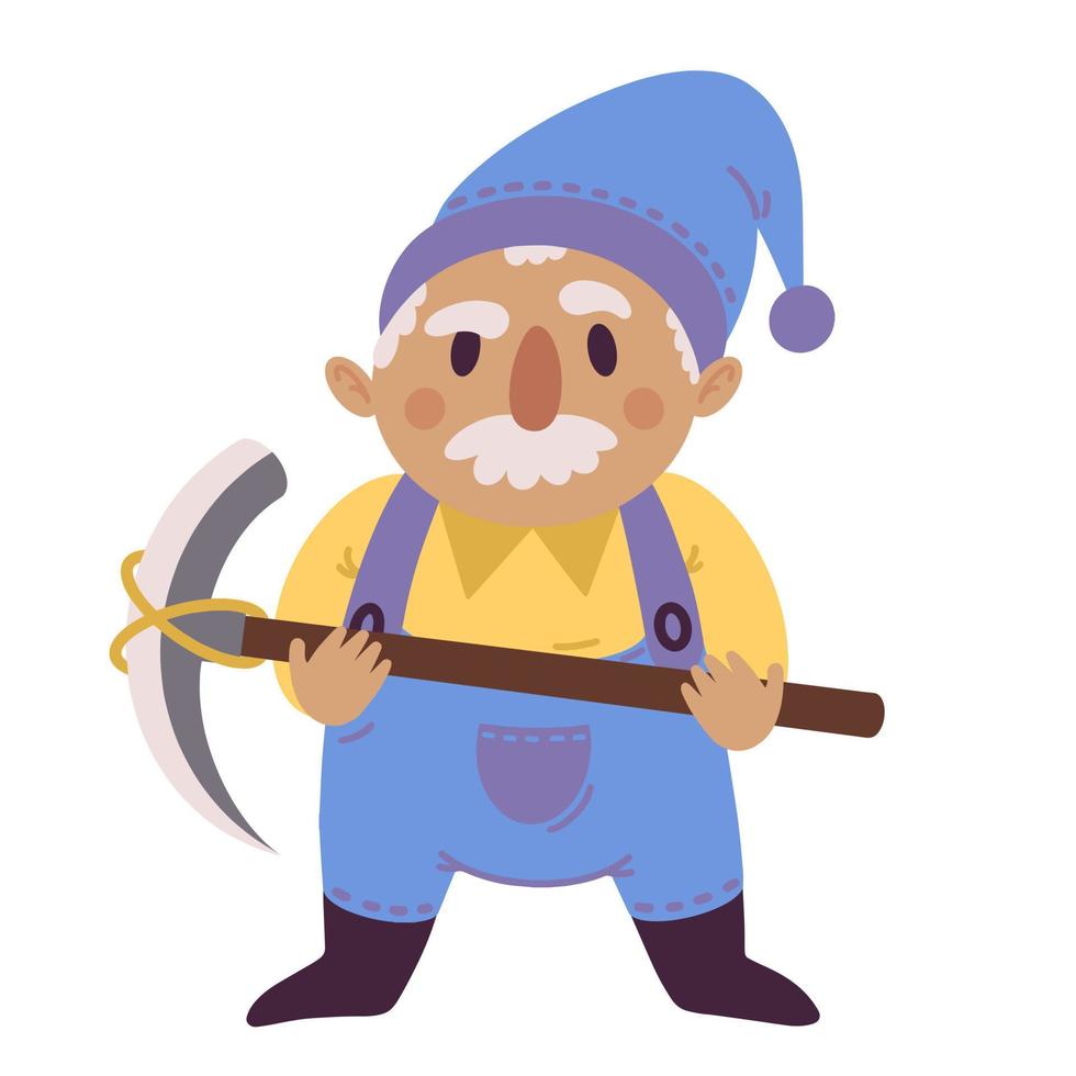 tecknad gnome miner vektor ikon. handritad illustration isolerad på vit bakgrund. en söt gråhårig dvärg med hacka. svår sago karaktär förvånad, förvirrad. platt färg clipart