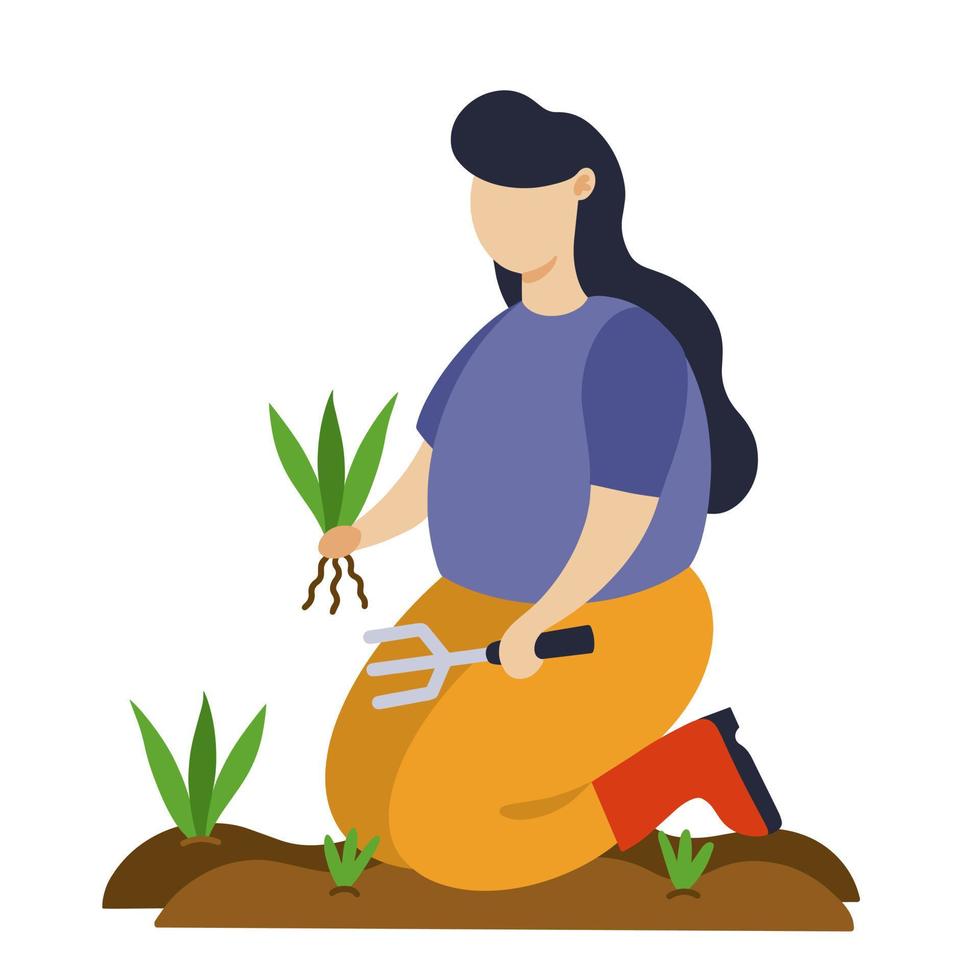 Junges dunkelhaariges Mädchen arbeitet im Garten und pflanzt Setzlinge in den Boden. Farmer Vector Illustration, ein Mädchen mit einem Rechen kümmert sich um den Gemüsegarten. frühlingskonzept, flacher stil