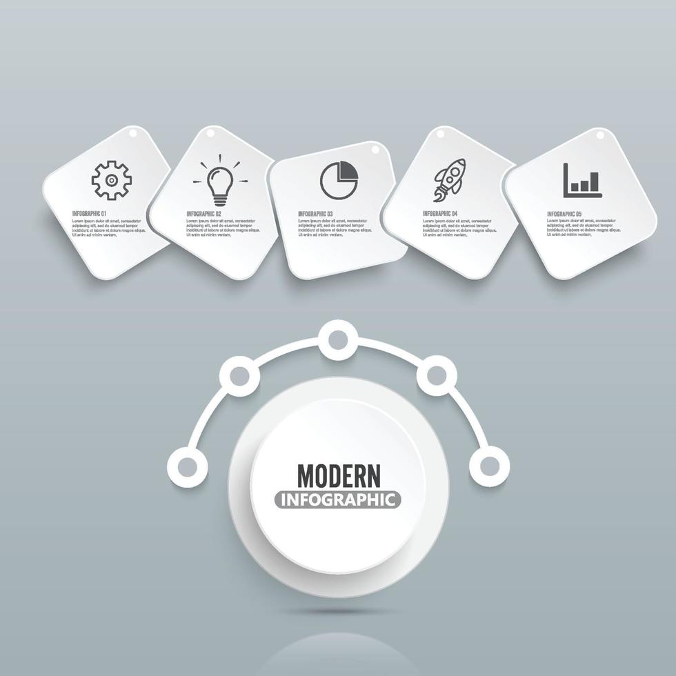 moderne Infografik-Vorlage mit 3D-Papieretikett, integrierten Kreisen. Geschäftskonzept mit 5 Optionen. für Inhalt, Diagramm, Flussdiagramm, Schritte, Teile, Zeitleisten-Infografiken, Workflow-Layout, Diagramm vektor