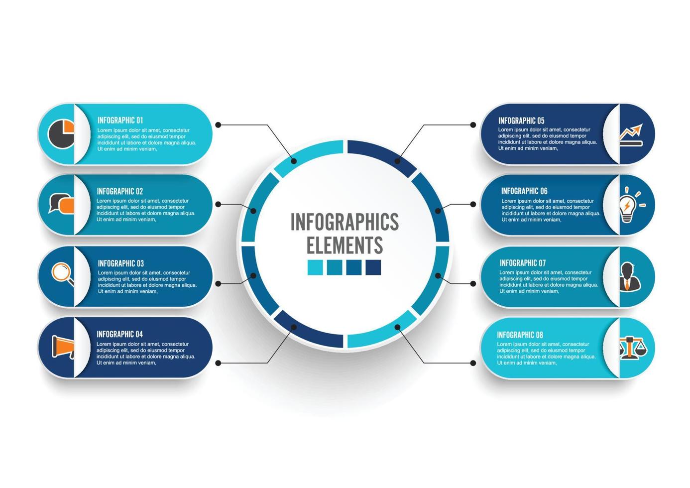 Vektor-Infografik-Vorlage mit 3D-Papieretikett, integrierte Kreise. Geschäftskonzept mit 8 Optionen. für Inhalt, Diagramm, Flussdiagramm, Schritte, Teile, Zeitleisten-Infografiken, Workflow, Diagramm. vektor