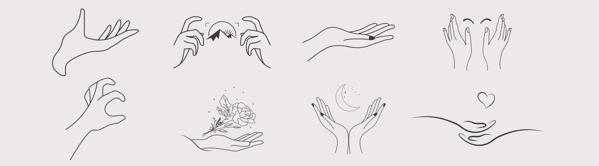 eine reihe weiblicher handlogos in einem minimalen linearen stil. Vektor-Logo-Design-Vorlagen mit verschiedenen Handgesten, Kristall. für kosmetik, schönheit, tattoo, spa, feminin, juweliergeschäft vektor