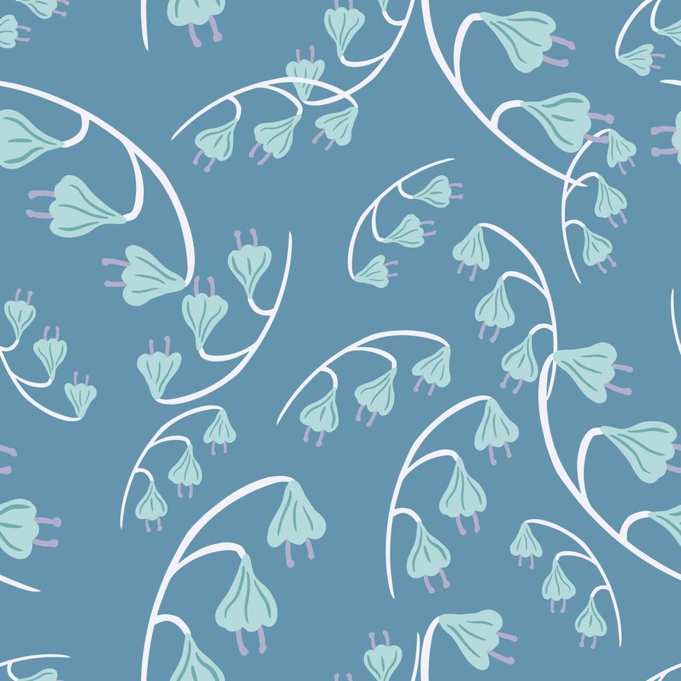 sömlösa slumpmässiga mönster med botaniska ljusblå bell blommor silhuetter tryck. enkel design. vektor