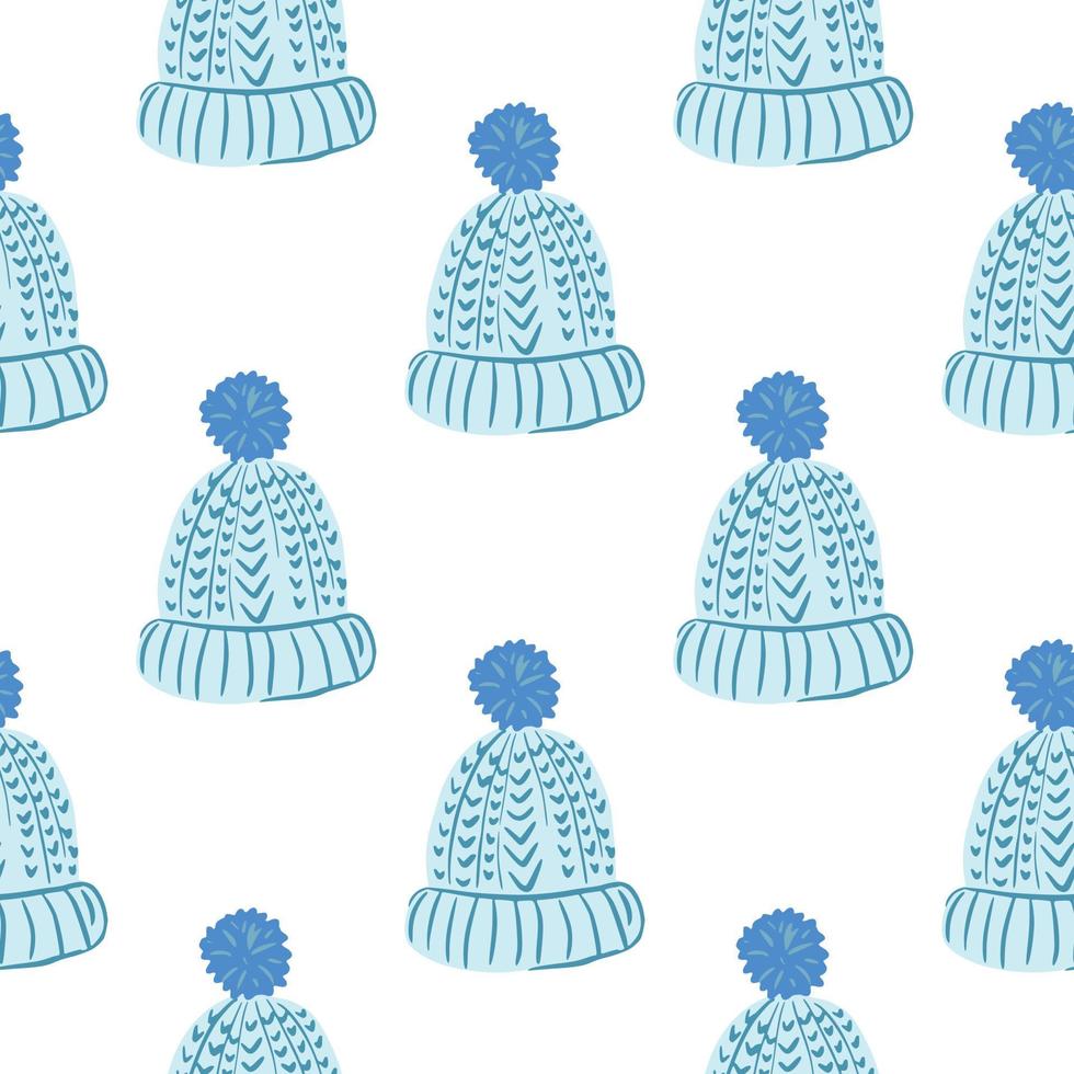 isolerade sömlösa mönster med blå doodle mysig hatt prydnad. vit bakgrund. vektor