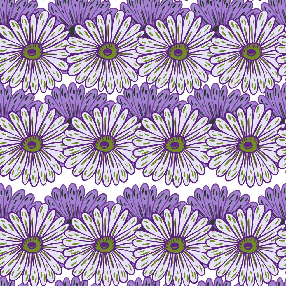 lila konturierte dekorative sonnenblumenelemente nahtloses gekritzelmuster. isolierte natürliche Kunstwerke. vektor
