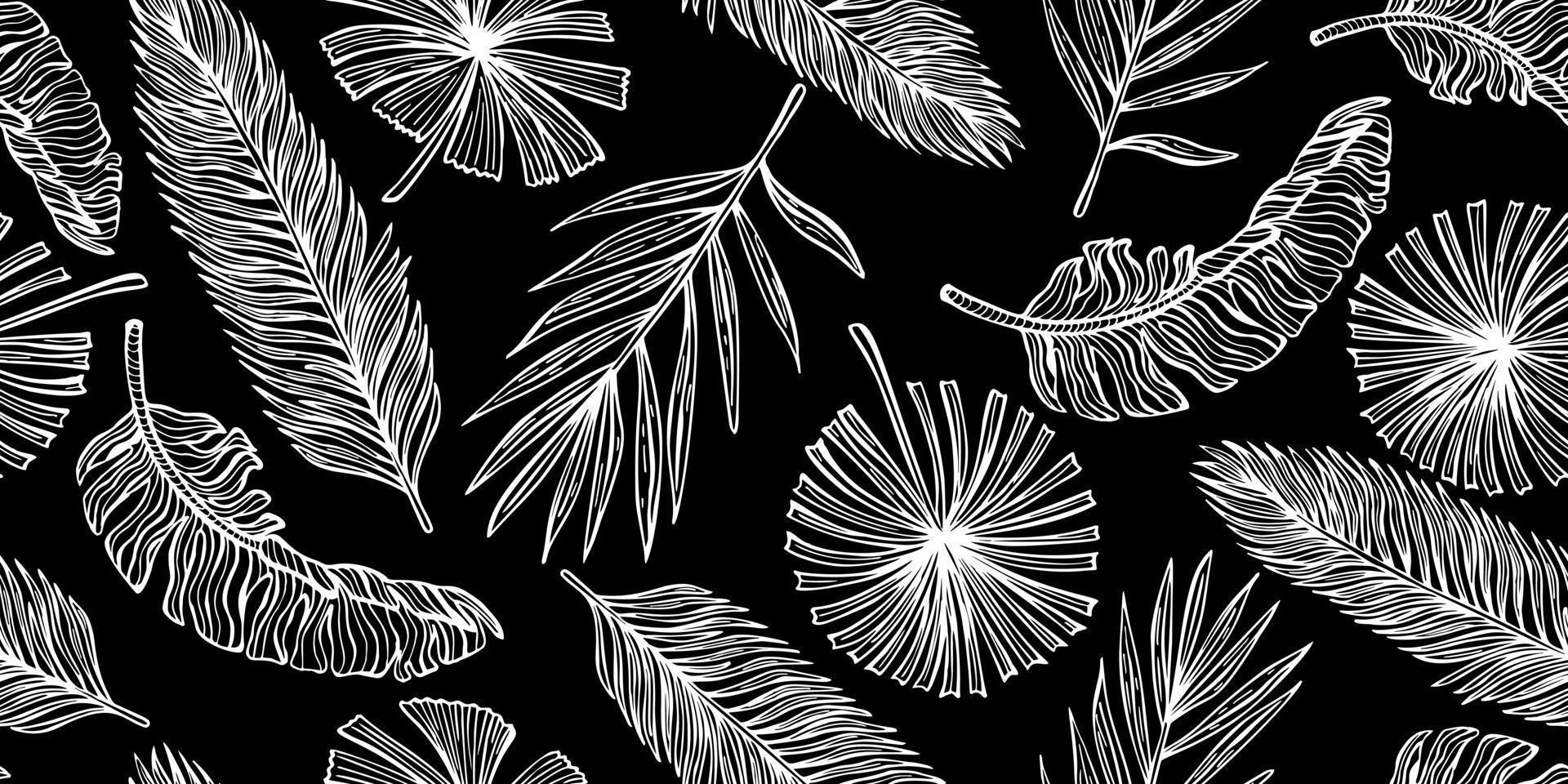 tropische blätter nahtloses muster auf schwarzem hintergrund. vintage blatt aus banane und palme im gravurstil. vektor