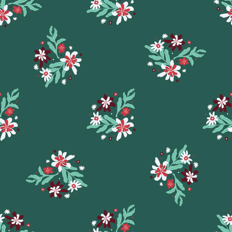 blomma sömlösa mönster med doodle handritade bladverk och blommor element. grön bakgrund. vektor