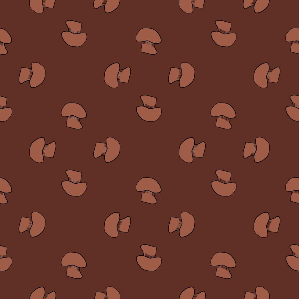 vegeterisk mat sömlösa mönster i geometrisk stil med doodle champignontryck. rödbrun bakgrund. vektor