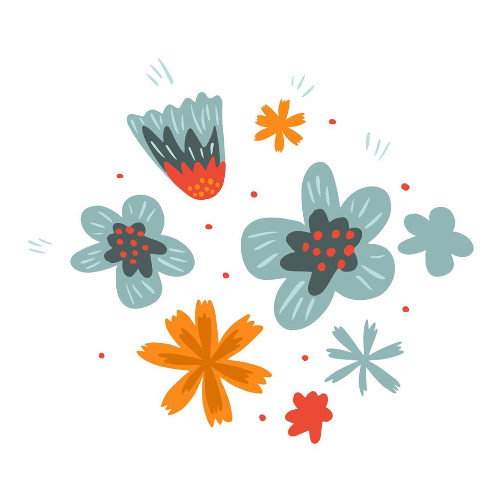 Komposition aus abstrakten Blumen groß und klein auf weißem Hintergrund. skandinavische botanische skizze handgezeichnet im stil gekritzel. vektor