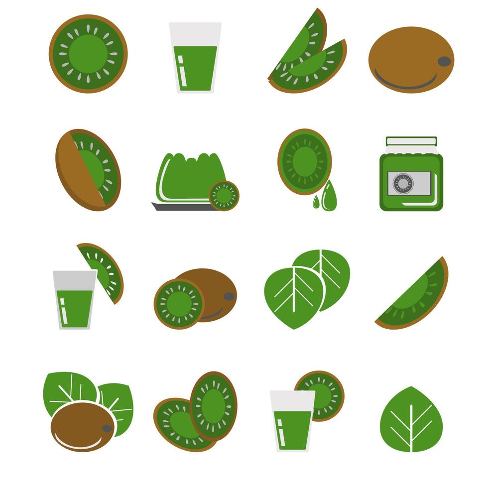 kiwifruktset, hel och halv, skivad och i form av produkter som gelé, juice, dryck, sylt, ikonset för design vektor