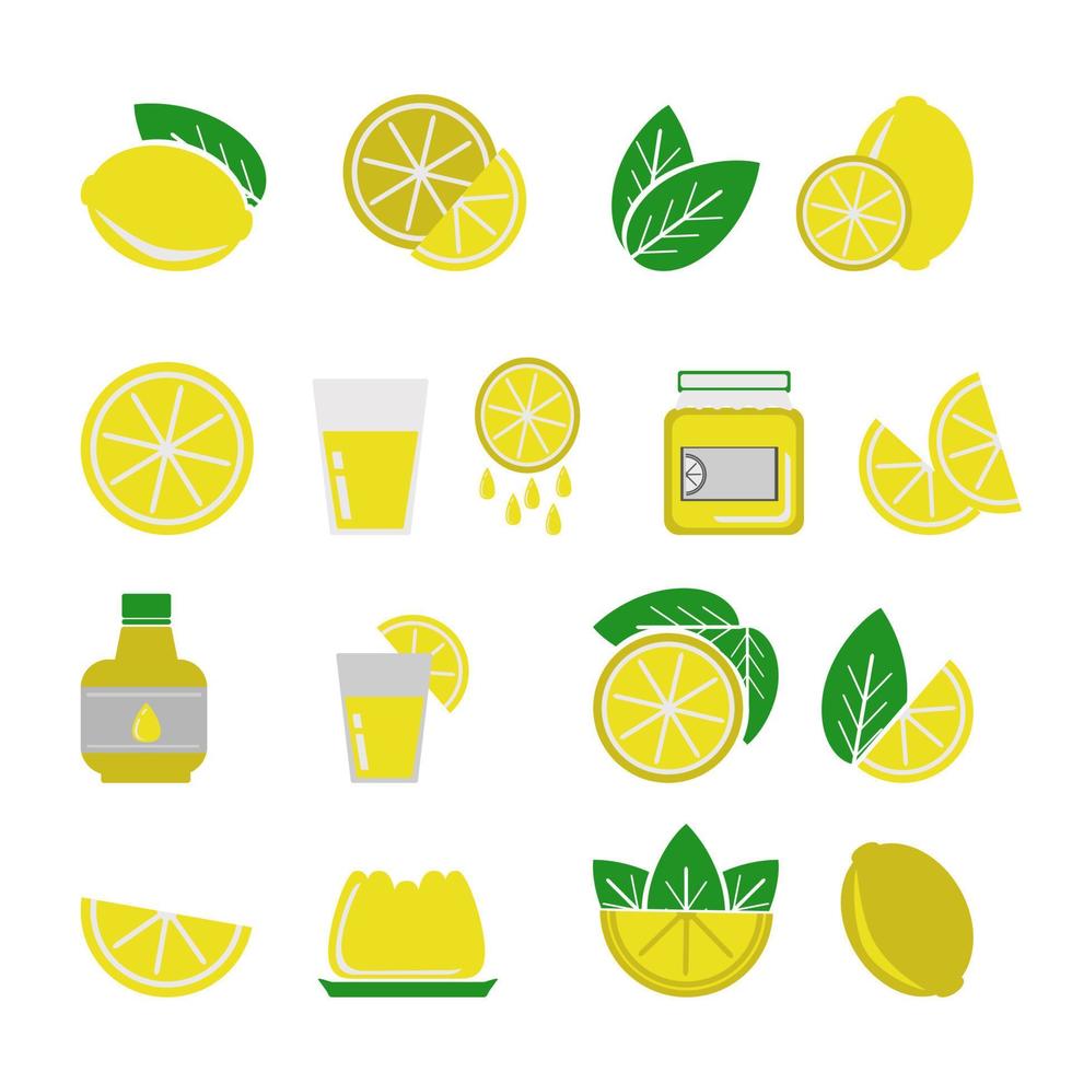 satz zitronen im flachen stil, scheiben, keile und ganze, zitronennahrung in form von saft, limonade, gelee und marmelade, symbolsatz für design vektor